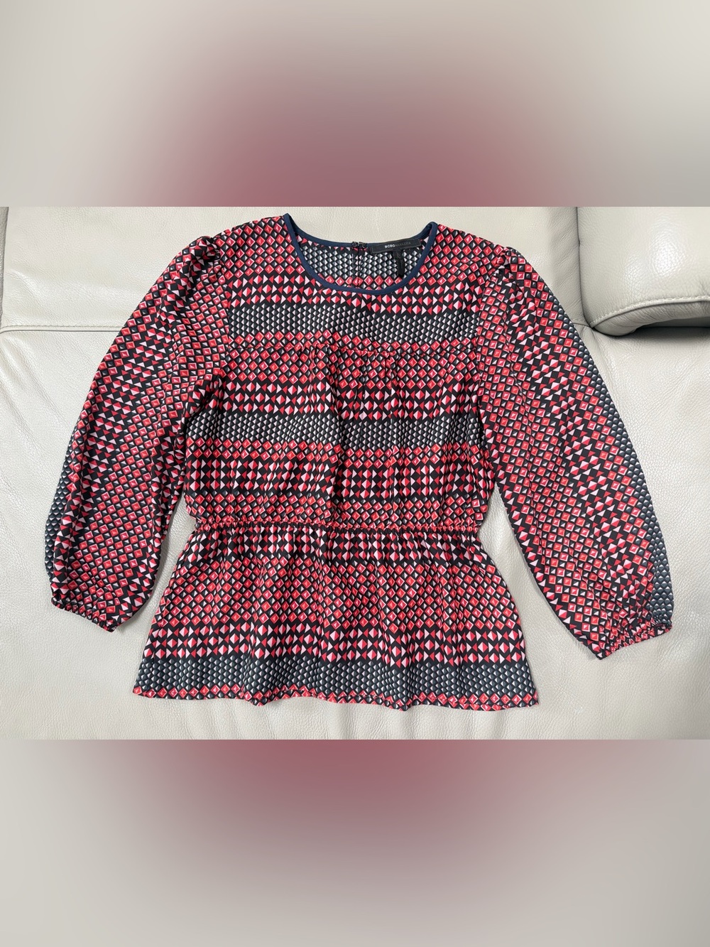 BCBG Women's long sleeve geometric print peplum blouse size S